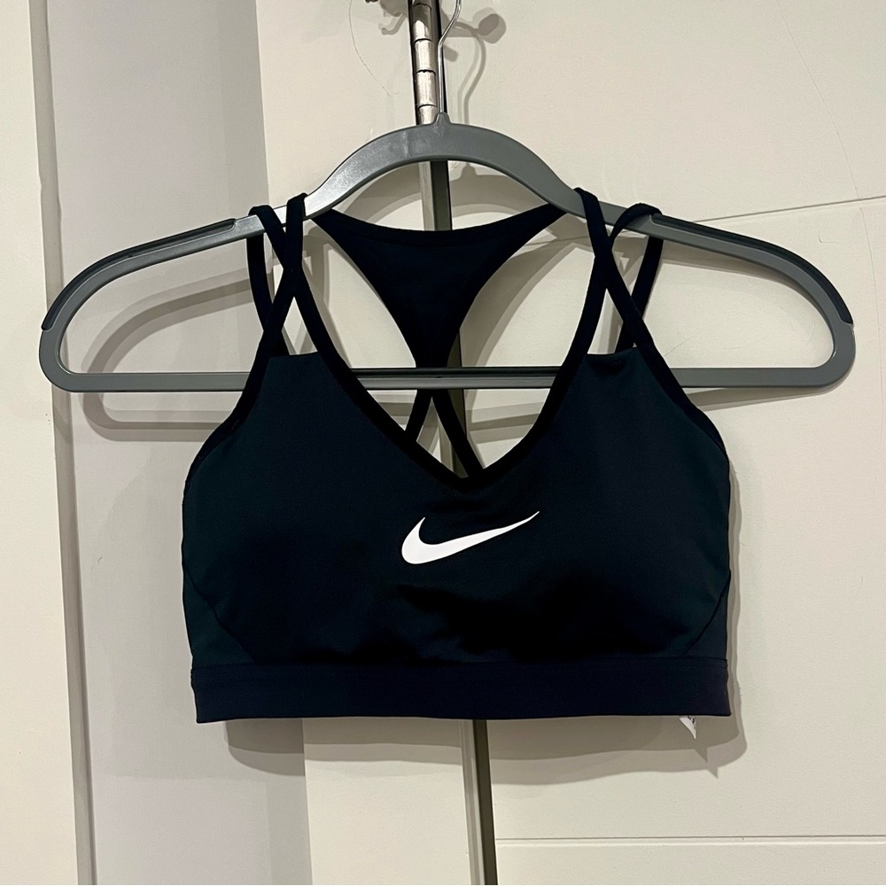 Nike Women's Black and White Swoosh Strappy Sports Bra